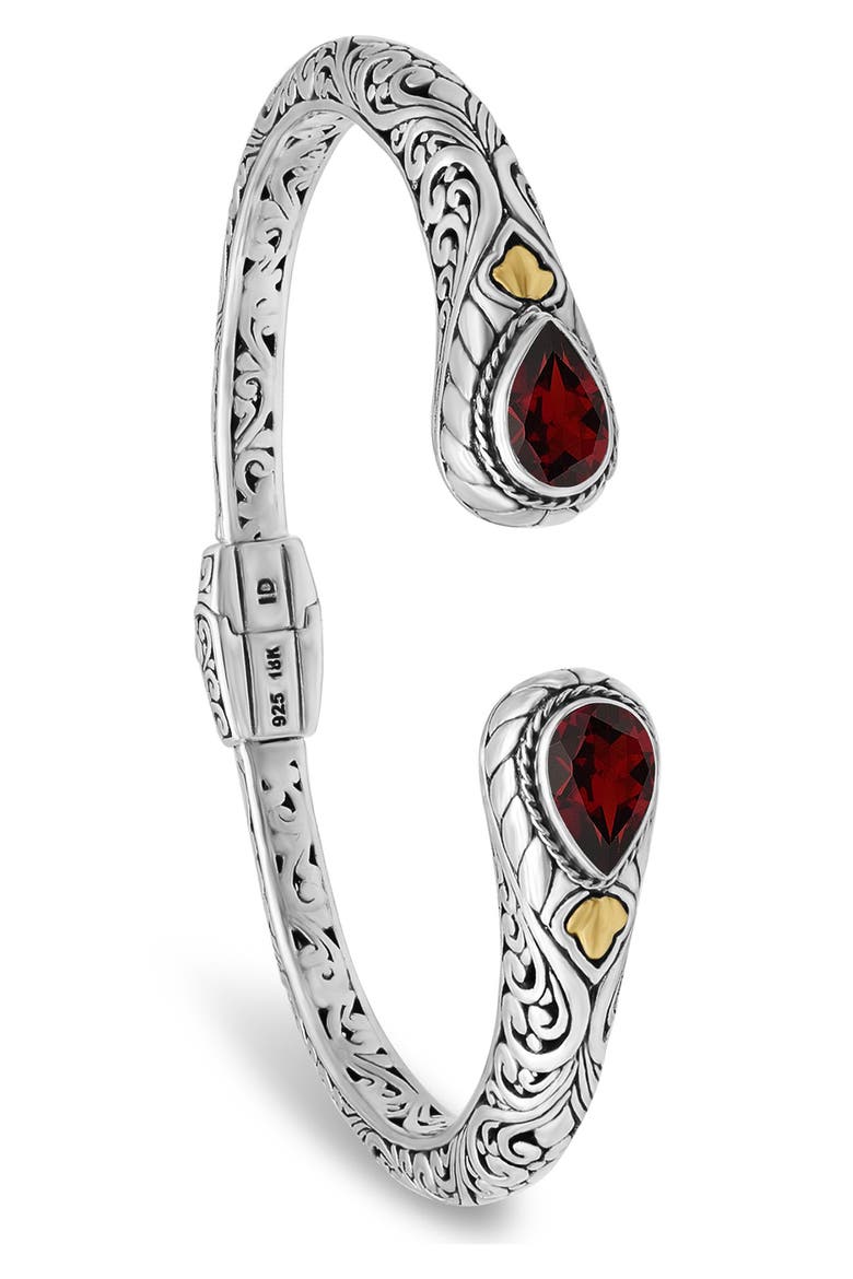 18K Gold & Sterling Silver Garnet Bali Filigree Hinge Cuff Bracelet, Alternate, color, SILVER-GOLD-RED
