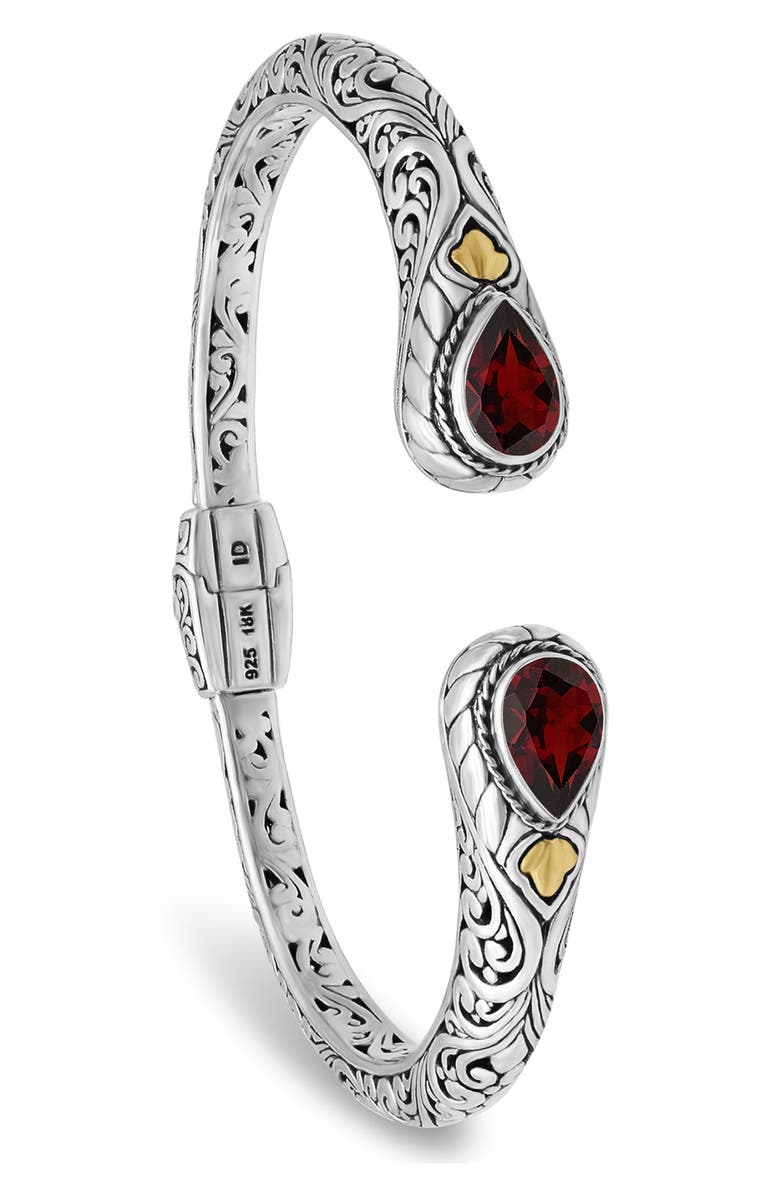 DEVATA 18K Gold & Sterling Silver Garnet Bali Filigree Hinge Cuff Bracelet, Alternate, color, 