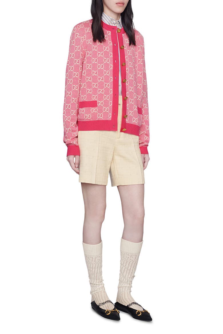GG Logo Jacquard Wool Blend Cardigan, Alternate, color, FUCHSIA/ WHITE