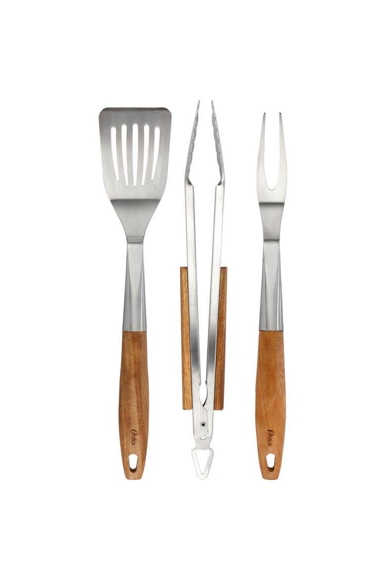 Balincourt 3 Piece Stainless Steel and Wood BBQ Tool Set, Main, color, Brown
