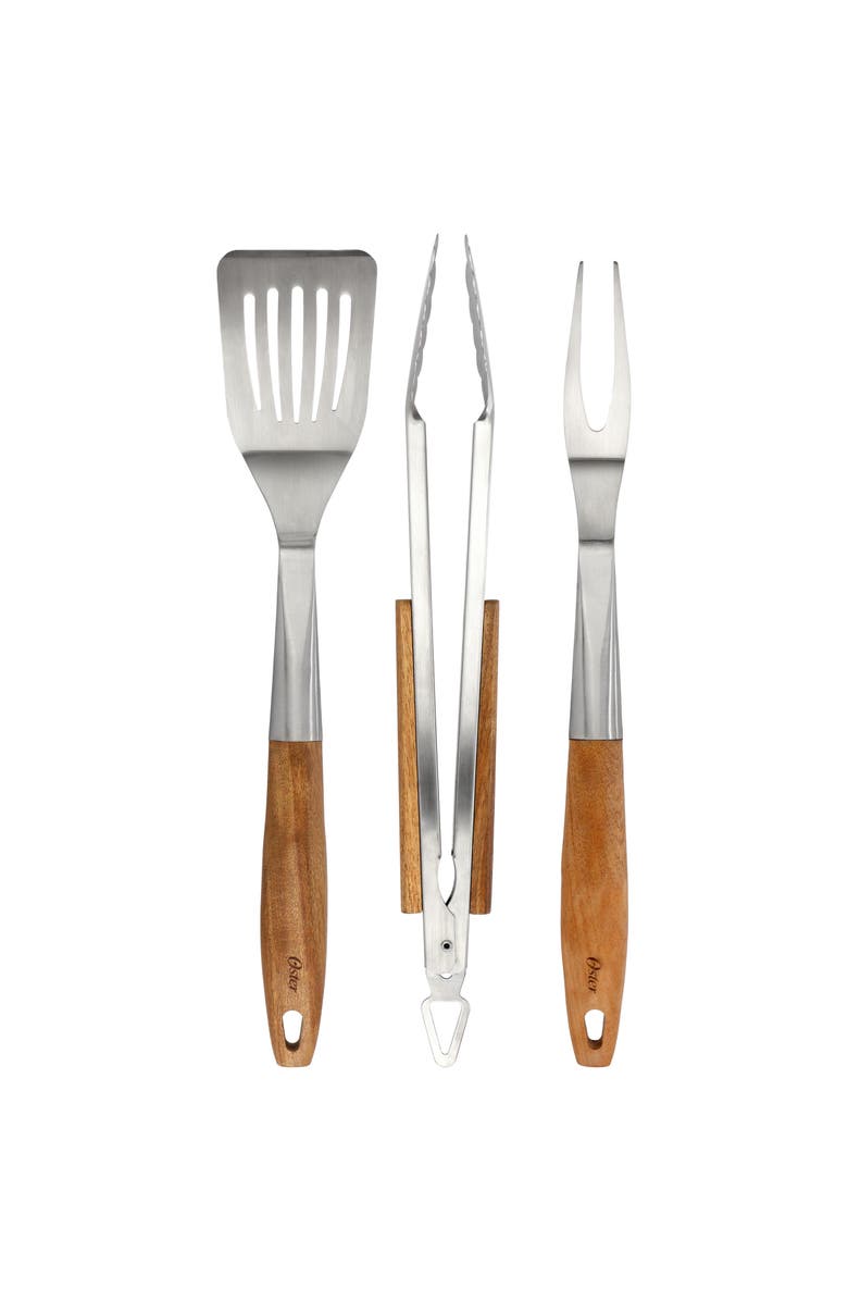 OSTER Balincourt 3 Piece Stainless Steel and Wood BBQ Tool Set, Main, color, Brown