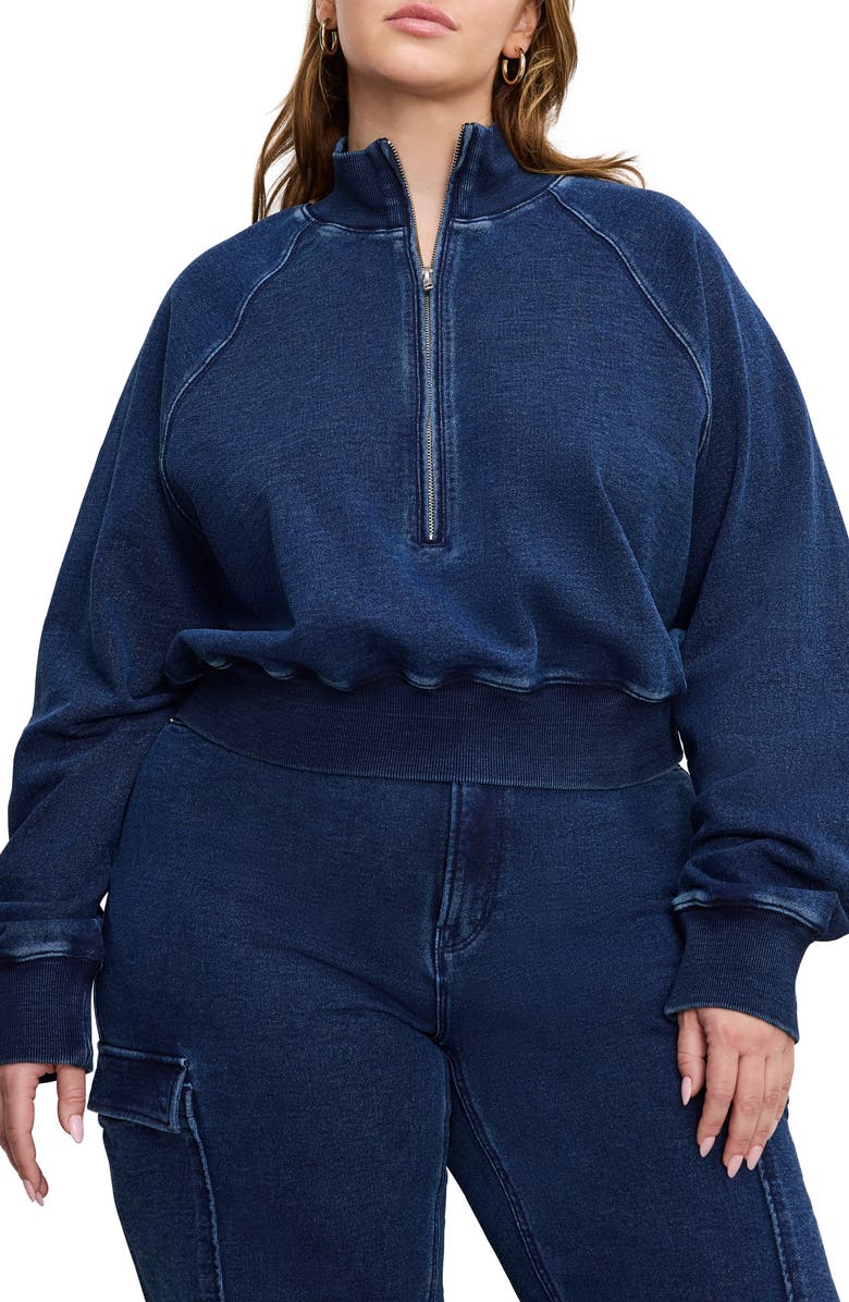 Good American Jeanius Half Zip Crop French Terry Sweatshirt, Alternate, color, Indigo377