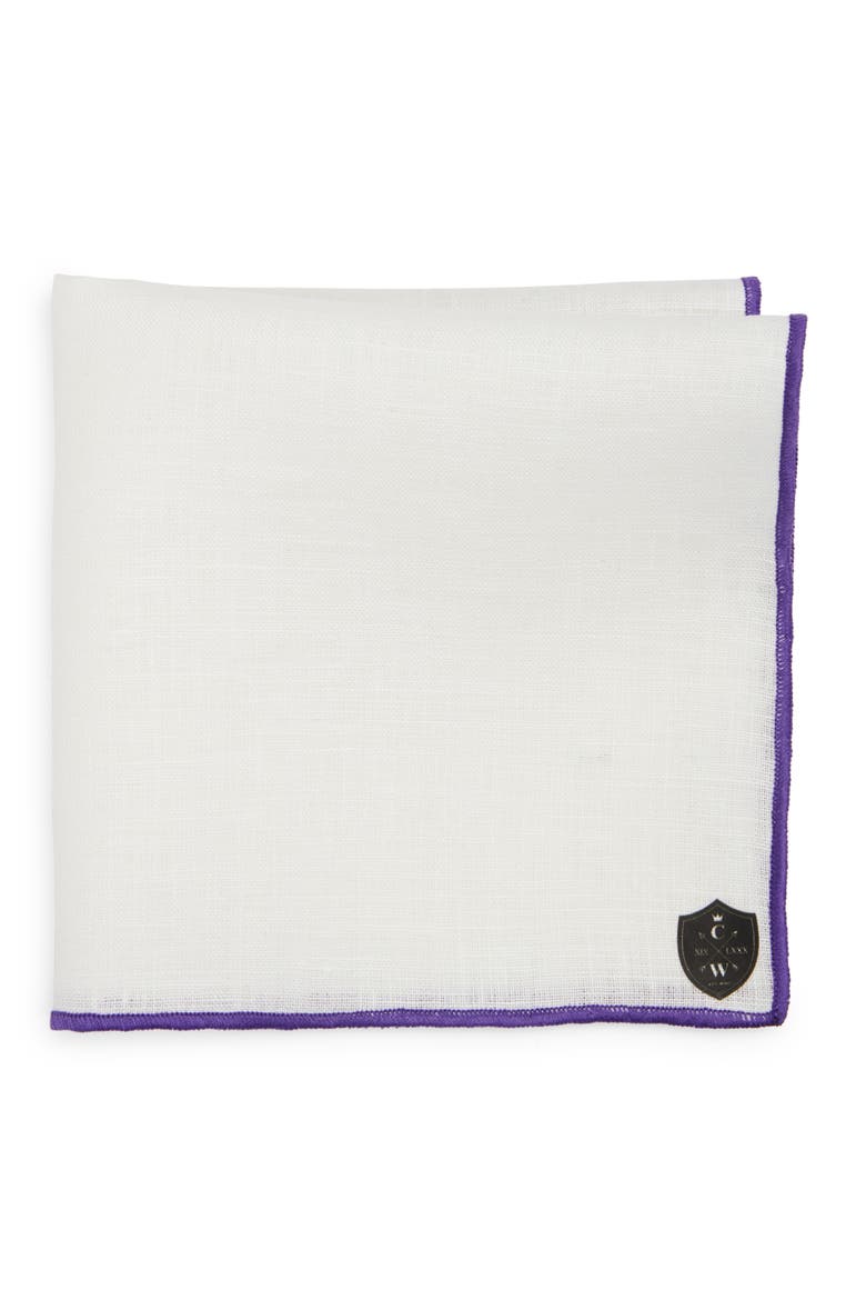 White Linen Pocket Square with Purple Trim, Main, color, PURPLE