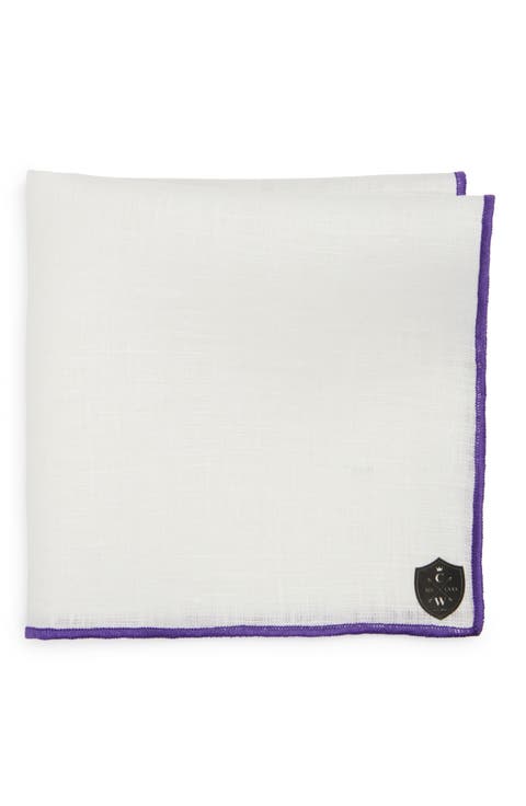 White Linen Pocket Square with Purple Trim