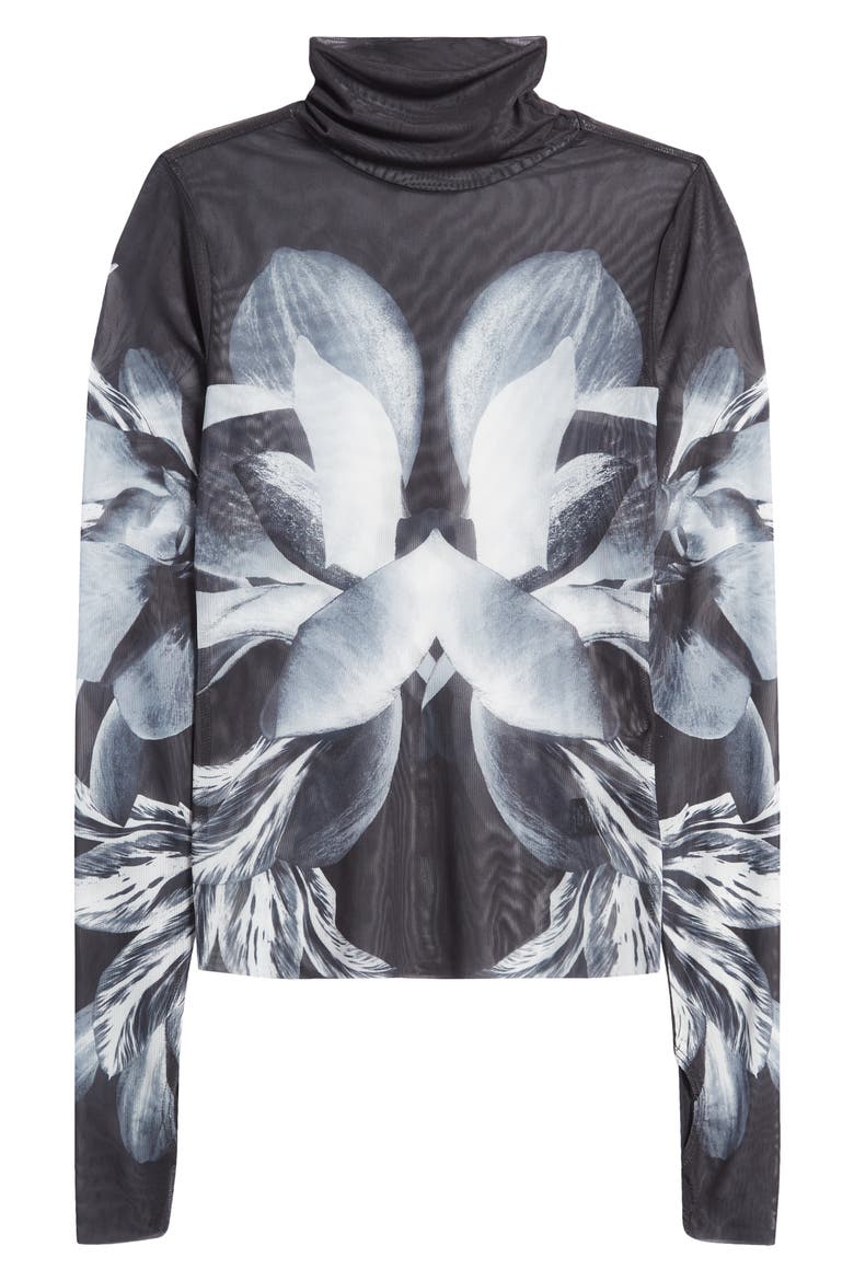 Zadie Print Mesh Turtleneck Top, Alternate, color, NOIR BOTANICAL