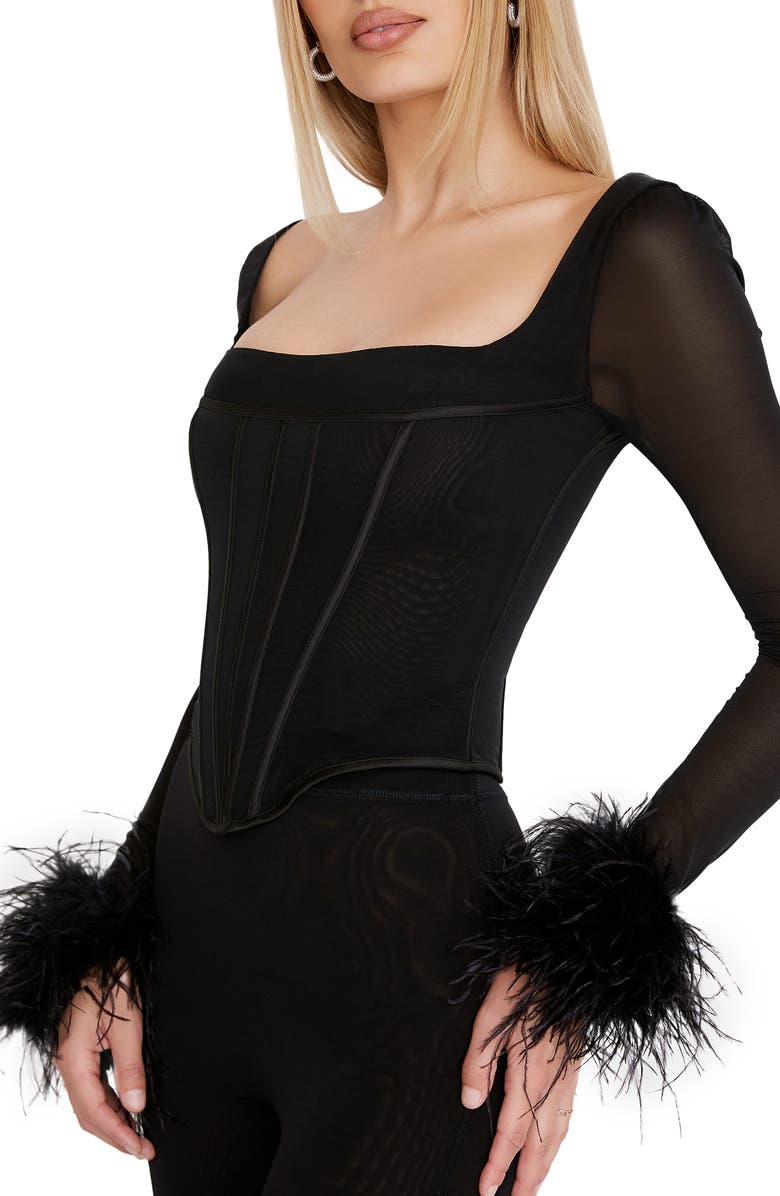 HOUSE OF CB Stella Crop Feather Trim Mesh Corset Top, Alternate, color,