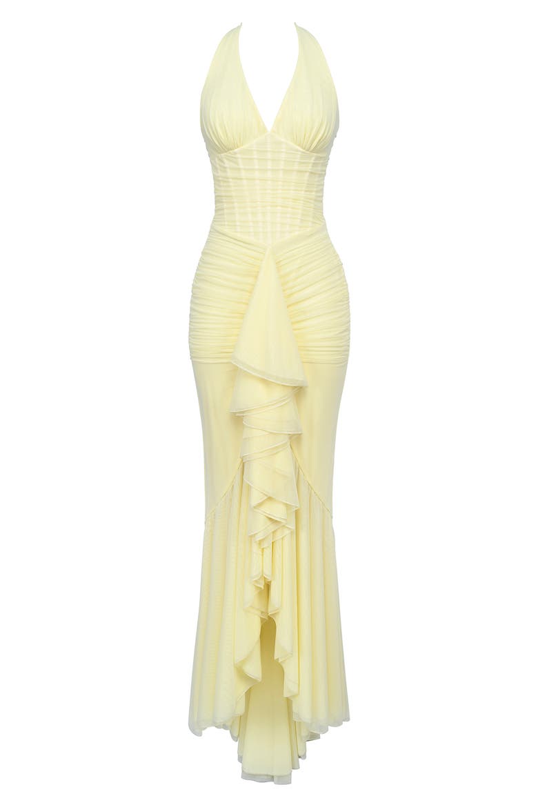 Carmine Ruched Mesh Halter Dress, Alternate, color, LEMON YELLOW