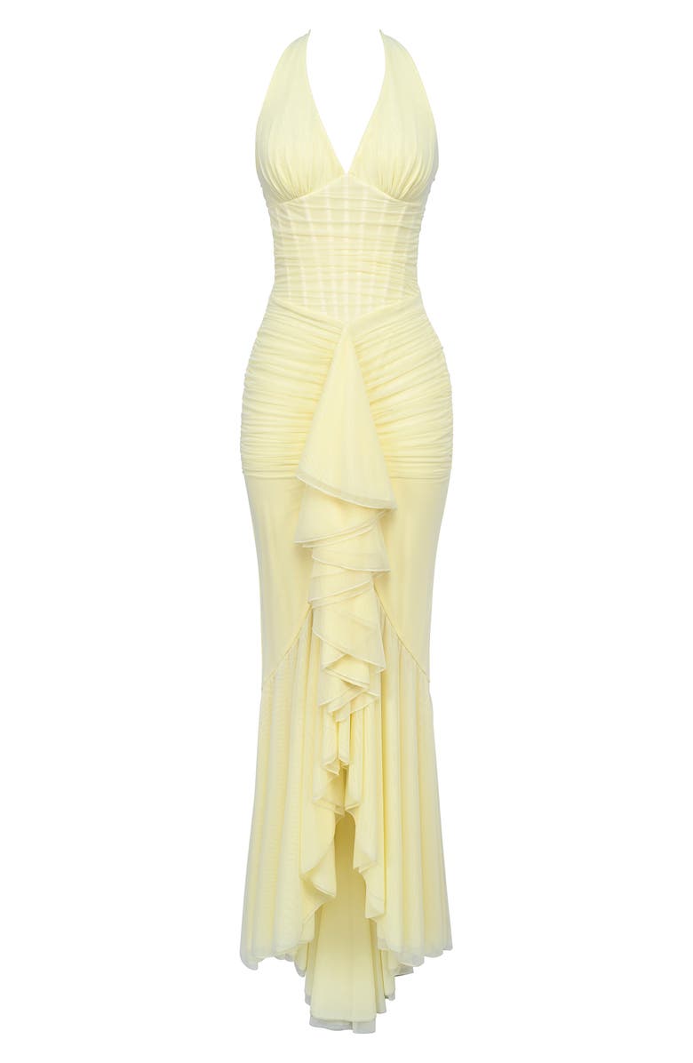 HOUSE OF CB Carmine Ruched Mesh Halter Dress, Alternate, color, Lemon Yellow