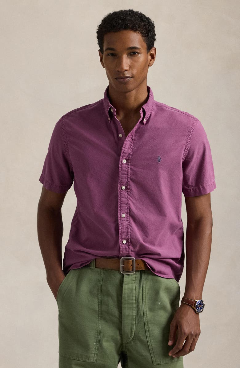 Polo Ralph Lauren Classic Fit Solid Purple Short Sleeve Button-Down Oxford Shirt, Alternate, color, 