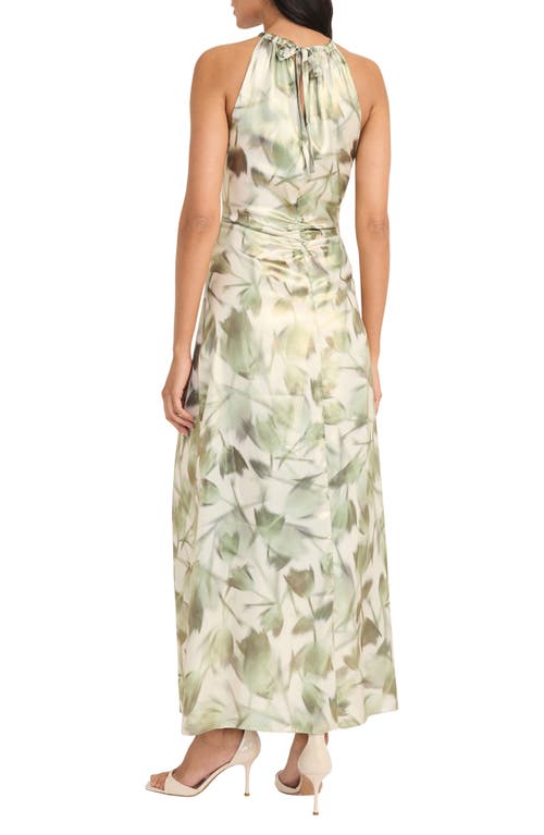 Maggy London Ruched Halter Neck Satin Gown In Ivory/green