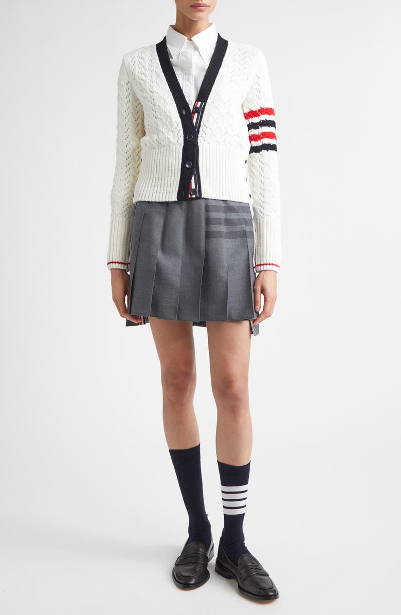 Thom Browne 4-Bar Cable Stitch Virgin Merino Wool Cardigan, Alternate, color, White