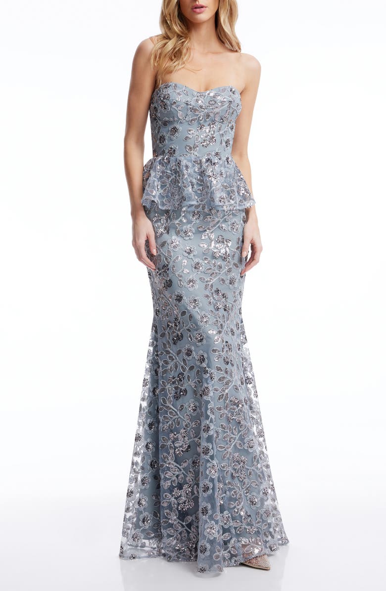 Dress the Population Scarlett Sequin Floral Peplum Mermaid Gown, Main, color, Graphite Blue Multi