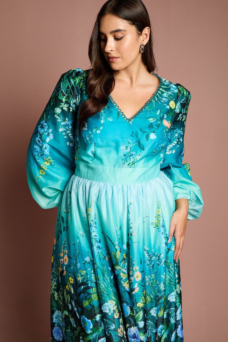 Plus Placement Print Organza Midi Dress, Alternate, color, Teal