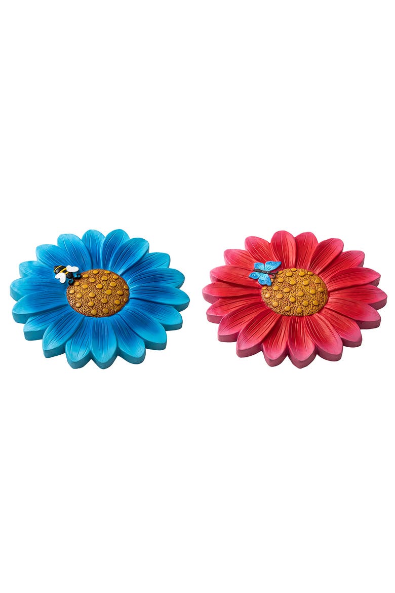 Set of 2 Cement Flower Style and Textured Stepping Stones with Butterfly and Bee, Alternate, color, Blue