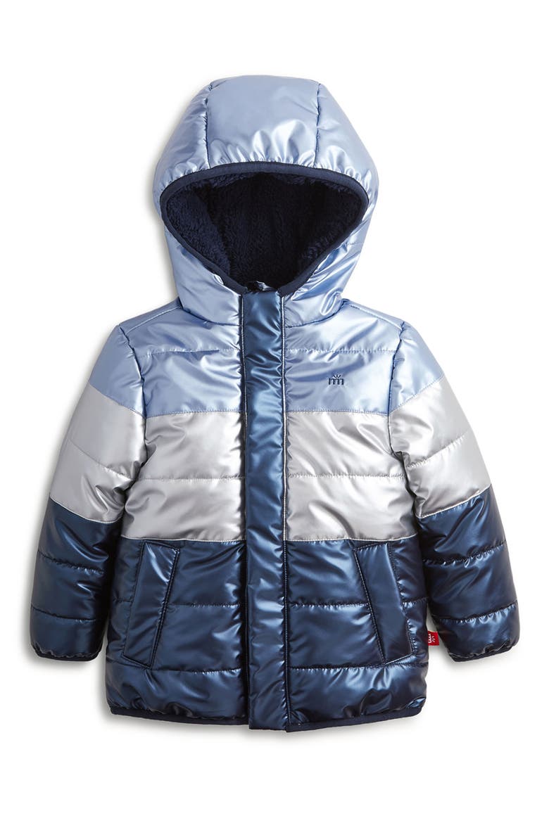 Blue Colorblock Metallic Magnetic Closure Hooded Puffer Jacket, Main, color, BLUEM