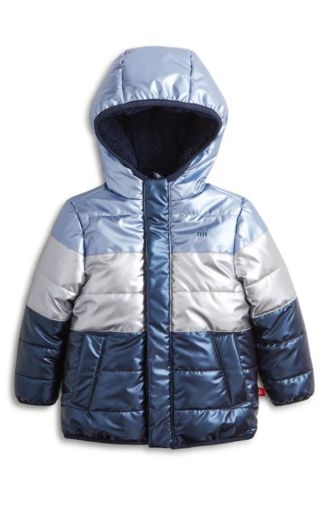 Blue Colorblock Metallic Magnetic Closure Hooded Puffer Jacket