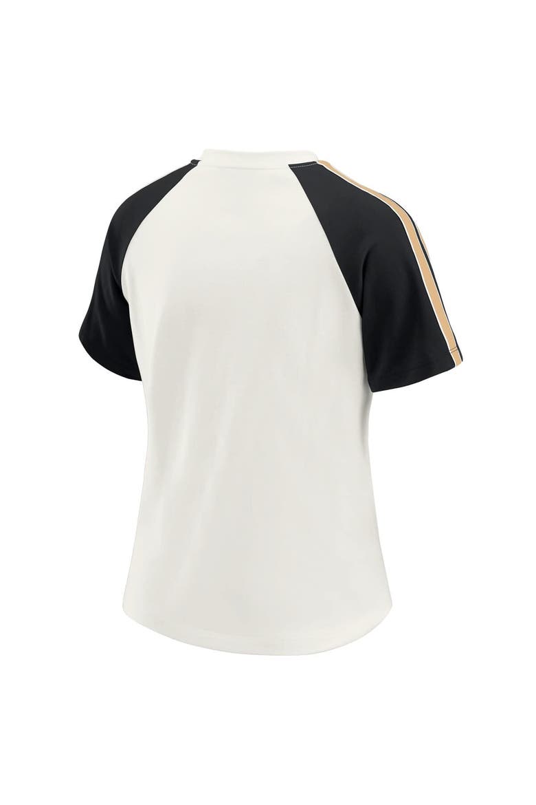 Women's WEAR by Erin Andrews White New Orleans Saints Sleeve Stripe Distressed Raglan T-Shirt, Alternate, color, White