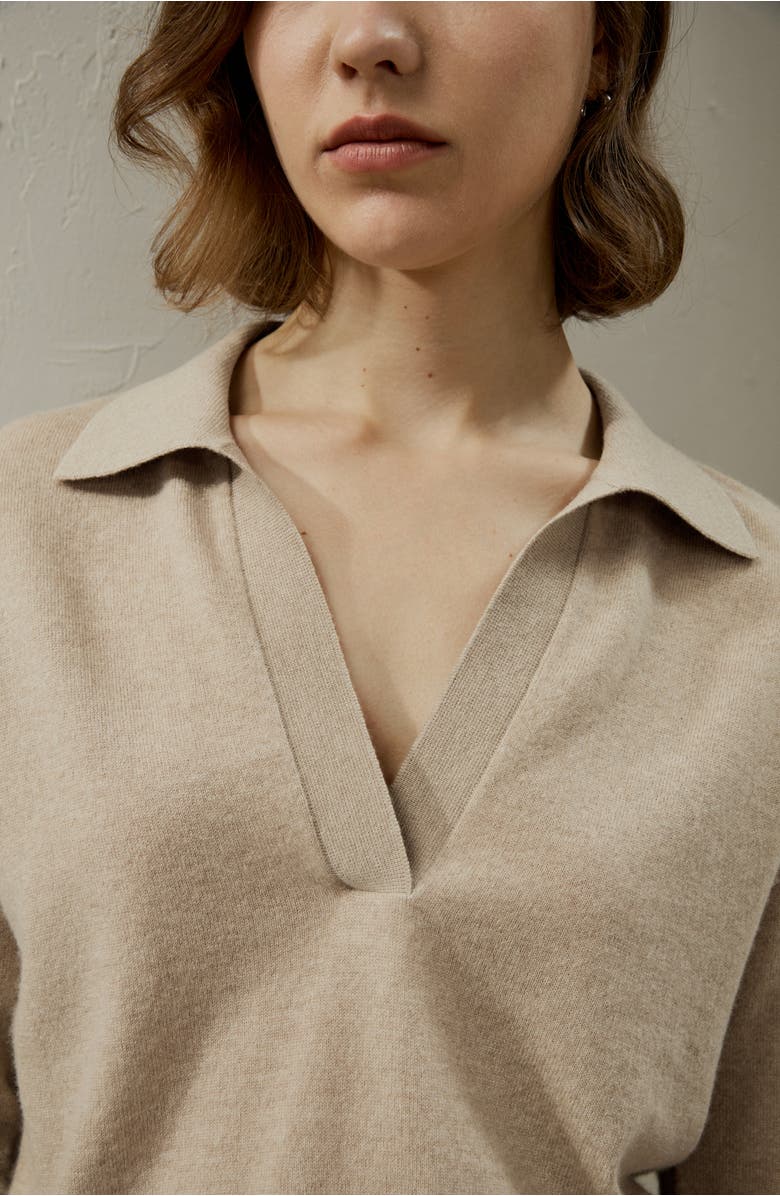 Lilysilk Women's V Neck Cashmere Polo Sweater, Alternate, color, Beige