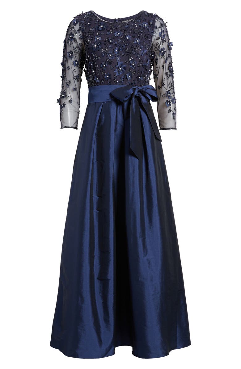 Pisarro Nights 3D Floral Bodice Beaded Gown, Alternate, color, Navy