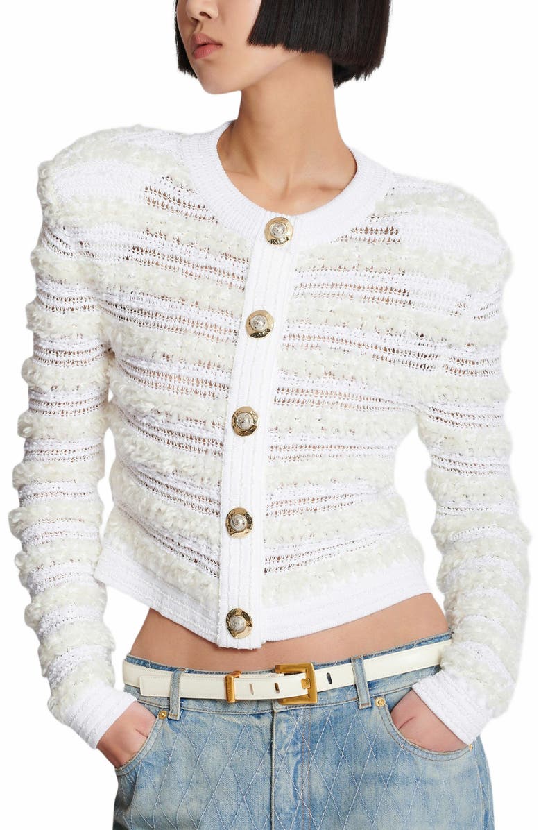 Balmain Long-Sleeved Tweed-Effect Knit Cardigan, Alternate, color, White
