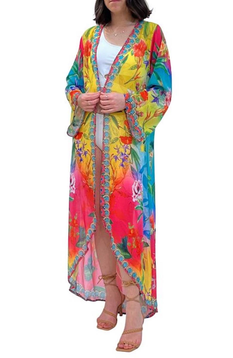 RANEES Floral Ombré Long Duster, Alternate, color, Ombre Yellow