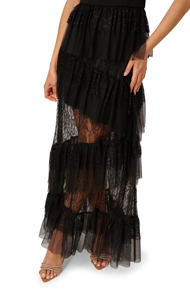 Adrianna Papell Off the Shoulder Tiered Lace Gown, Alternate, color, Black