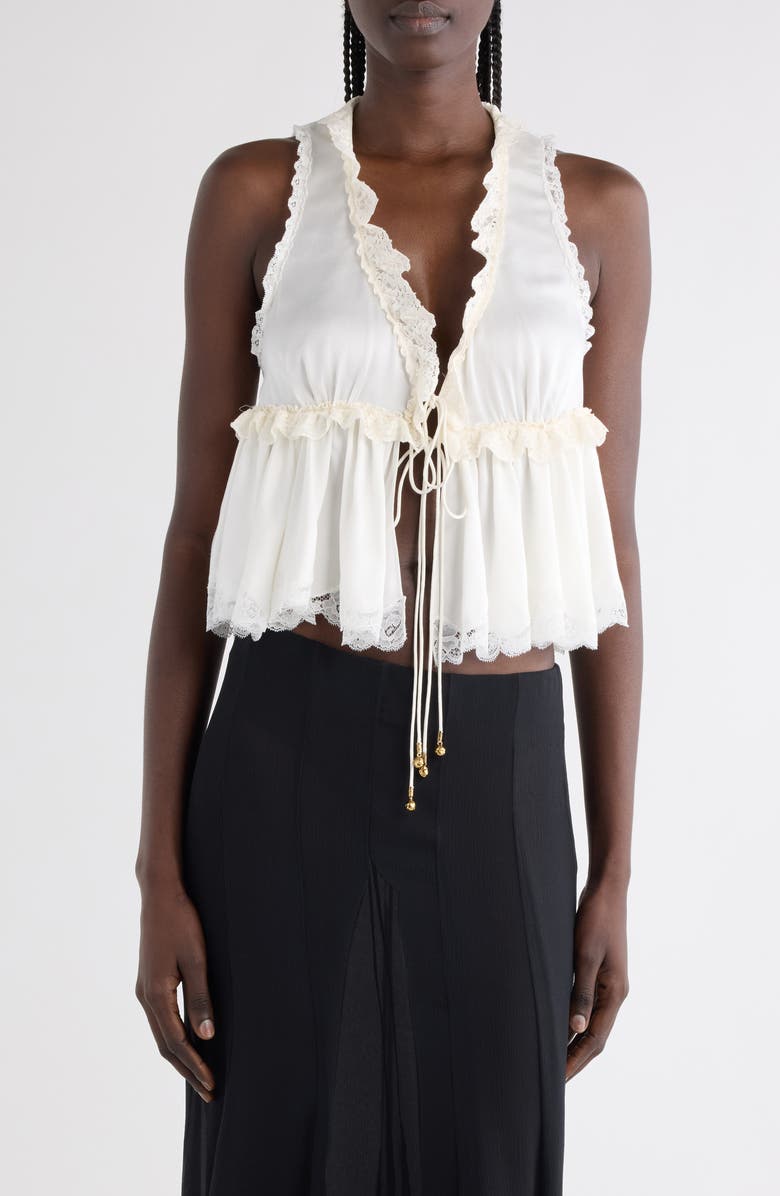 Chloé Lace Trim Tie Front Silk Top, Main, color, Iconic Milk
