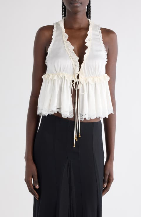 Lace Trim Tie Front Silk Top