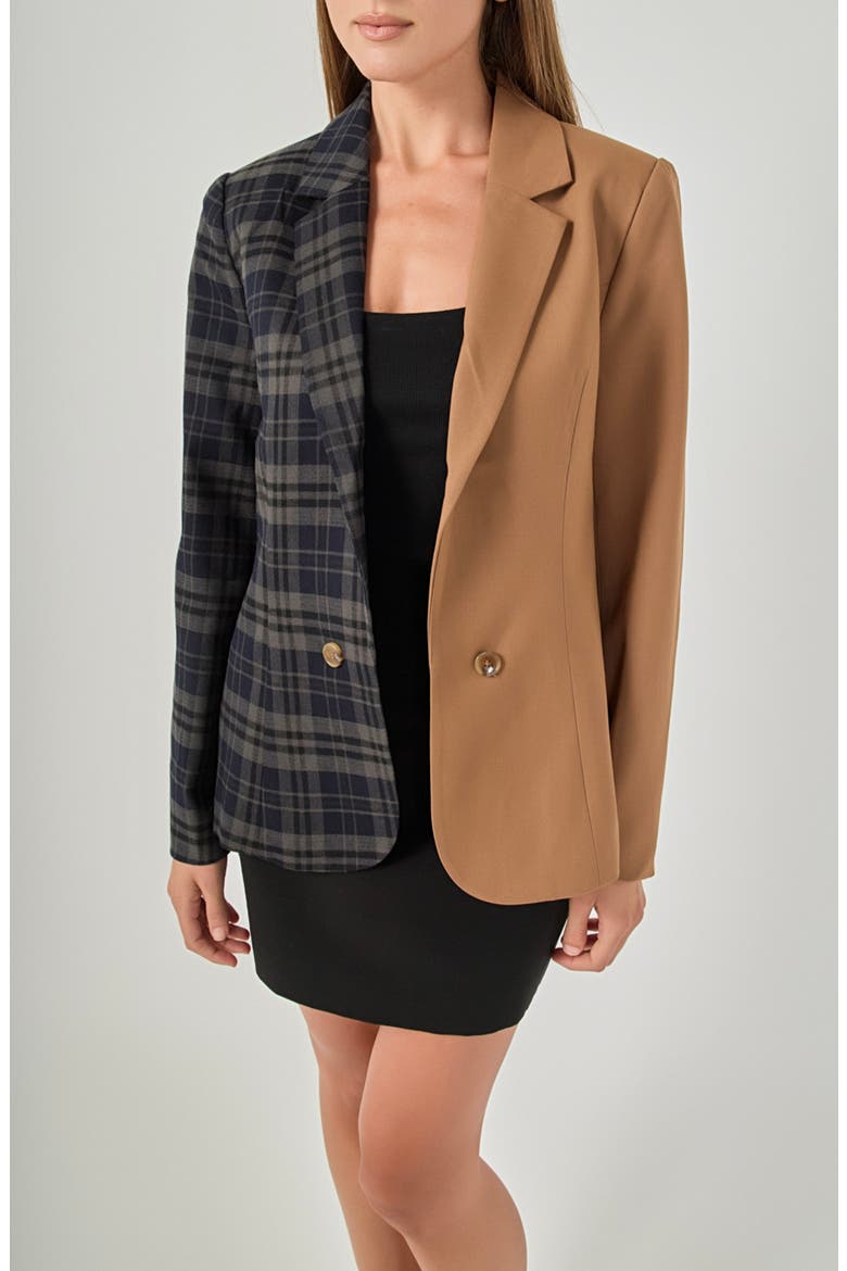 Two-Tone Plaid Blazer, Main, color, NAVY/ TAUPE