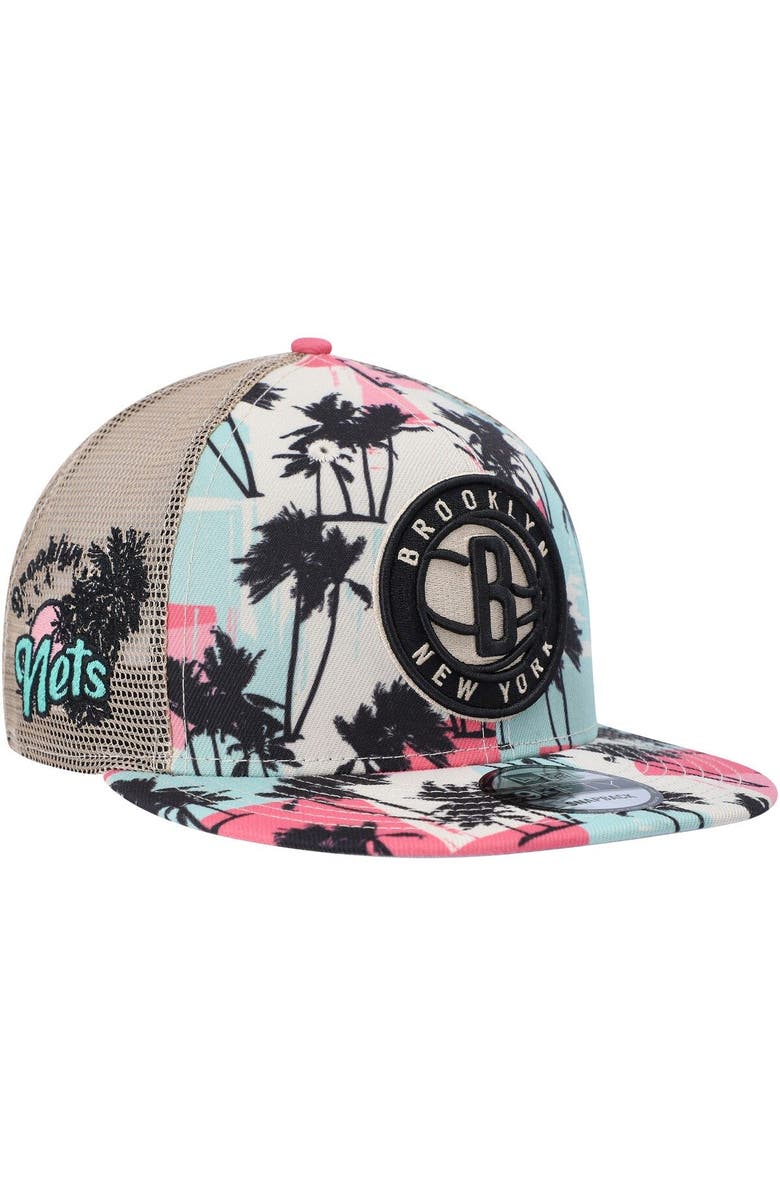 New Era Men's New Era Cream Brooklyn Nets Palm Trees 9FIFTY Trucker Snapback Hat, Main, color, 