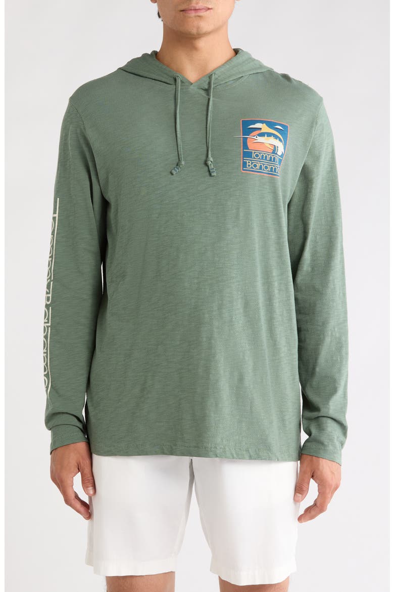 Marlin Bar Sunset Cotton Graphic Hoodie, Main, color, DK JADE