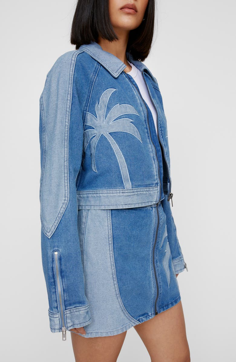 NASTY GAL Palm Cutwork Crop Denim Jacket, Alternate, color, 