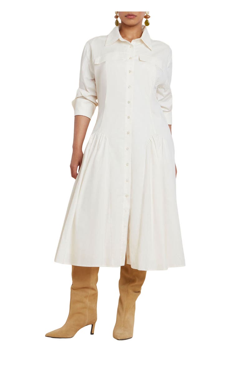 ELOQUII Shirred Godet Flare Poplin Dress, Main, color, Jet Stream