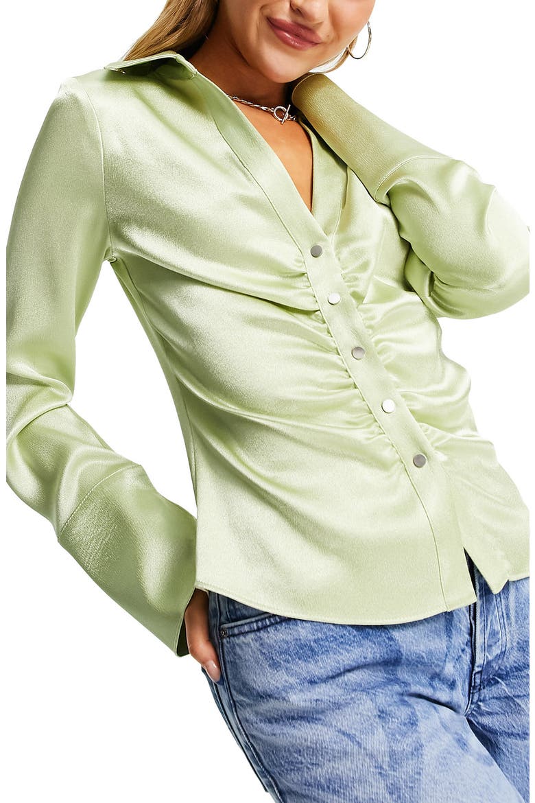 Ruched Satin Blouse, Main, color, MID GREEN