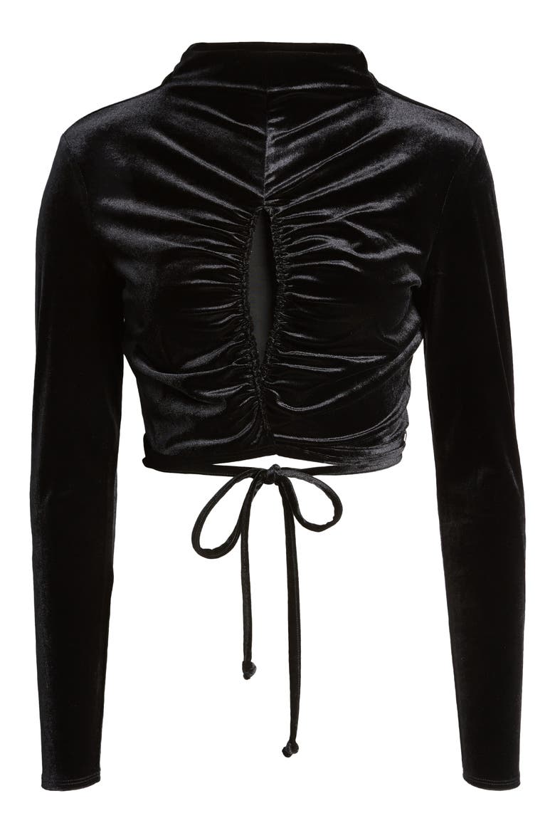 Velour Tie Front Crop Top, Alternate, color, BLACK