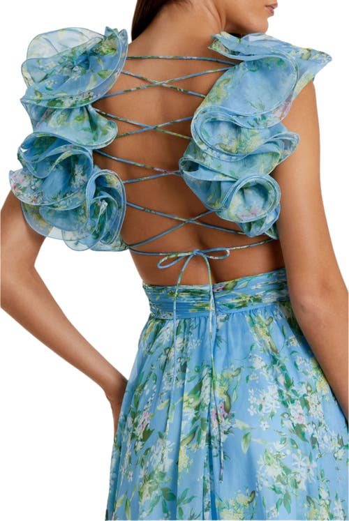 Mac Duggal Ruffle Tiered Floral Cut-out Chiffon Gown In Blue Multi