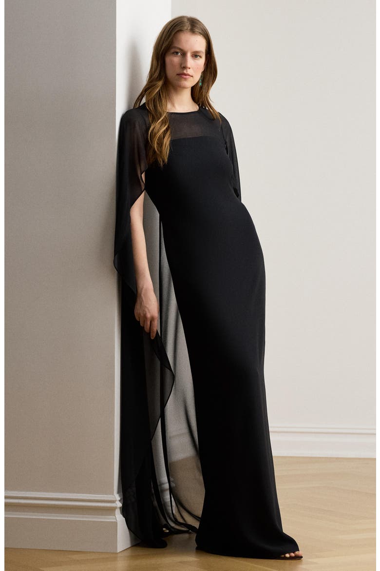 Drape Sleeve Cape Gown, Alternate, color, BLACK