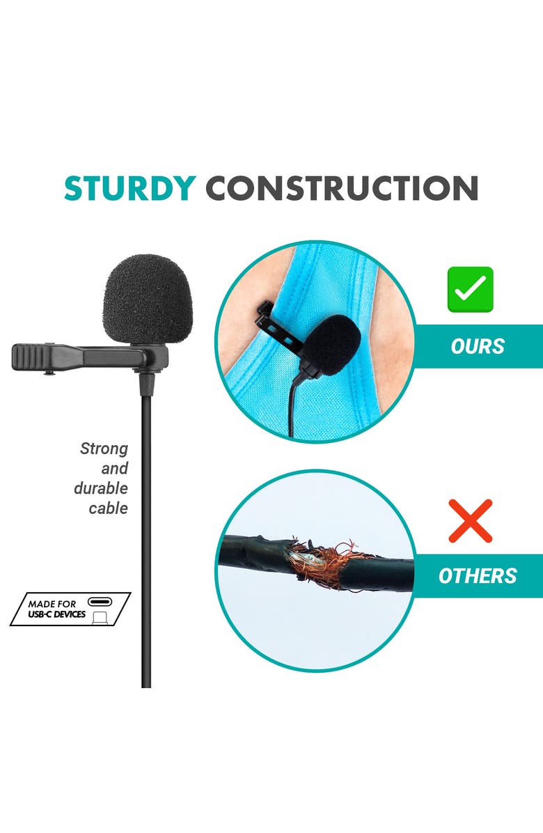 MOVO uLav - Wired Omnidirectional USB-C Lavalier Clip On Microphone, Alternate, color, Black