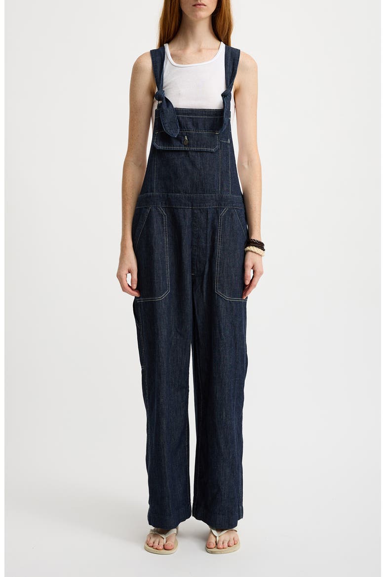 Relaxed Fit Tie Strap Denim Overalls, Main, color, DRAPEY RINSE INDIGO