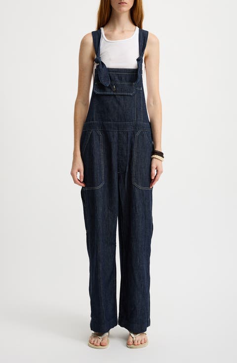 Relaxed Fit Tie Strap Denim Overalls