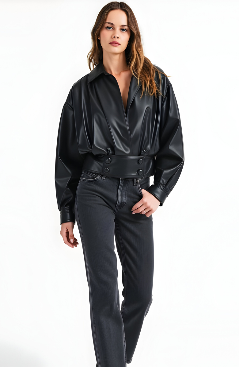 Modenaire Faux Leather Surplice Buttoned Waistband and Collar Jacket, Alternate, color, 
