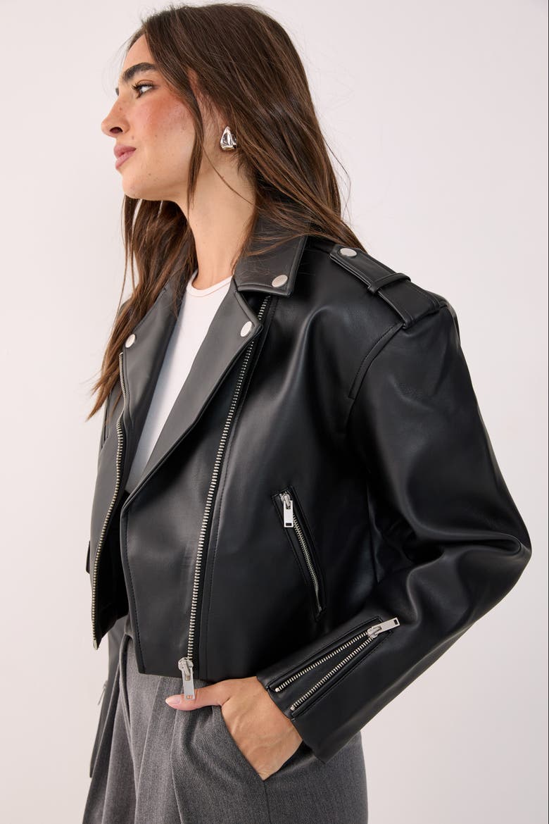 Faux Leather Boxy Biker, Alternate, color, Black