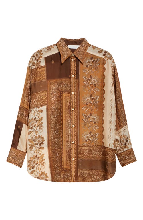 Zimmermann Lucky Brown Shirt With Classic Collar And All-over Floral Print In Silk Woman