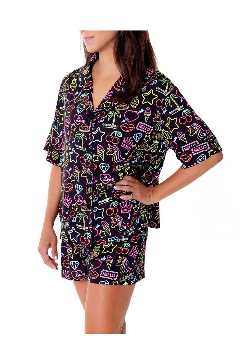 Neon Lights Silky Short Sleeve Shorts Set, Main, color, Black