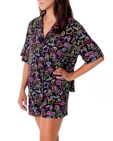 Neon Lights Silky Short Sleeve Shorts Set