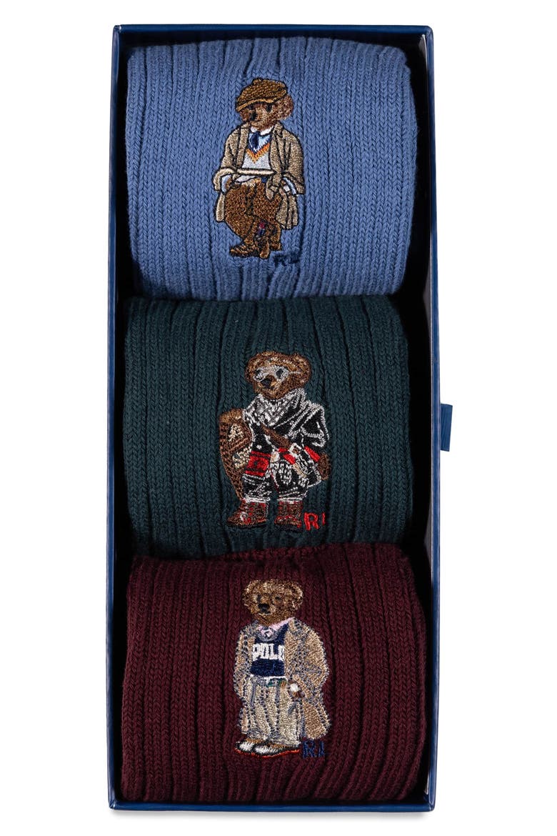 Embroidered Bears Assorted 3-Pack Cotton Blend Crew Socks Gift Box, Alternate, color, WINE/ GREEN/ BLUE ASSORTED