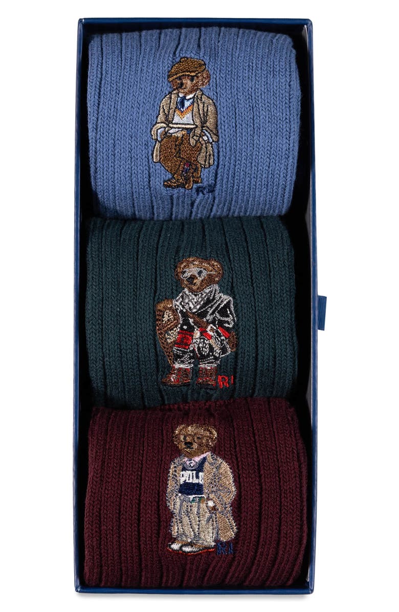 Polo Ralph Lauren Embroidered Bears Assorted 3-Pack Cotton Blend Crew Socks Gift Box, Alternate, color, Wine/ Green/ Blue Assorted