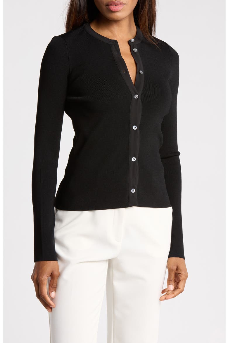 Compact Rib Fitted Cardigan, Main, color, BLACK
