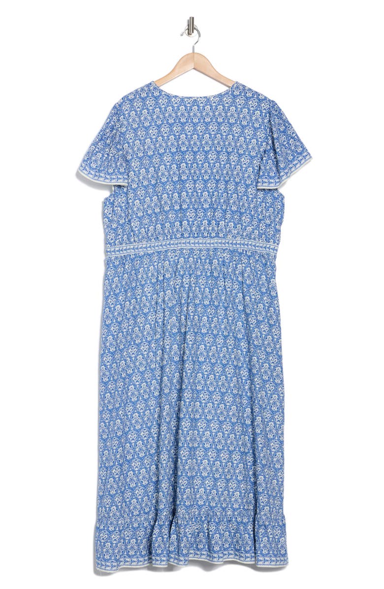 MAX STUDIO Flutter Sleeve V-Neck Dress, Alternate, color, Blue/ White Rosette Tapestry