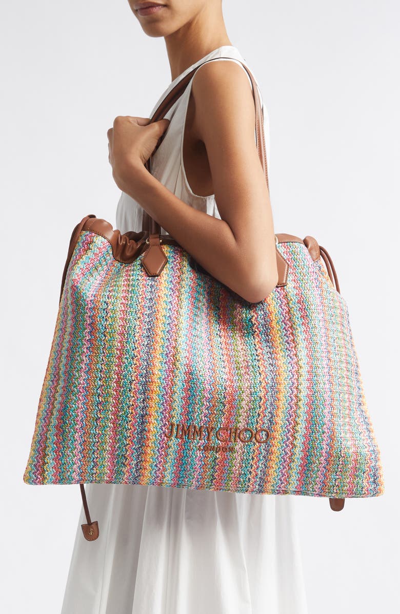 Jimmy Choo Large Woven Raffia Drawstring Tote, Alternate, color, Multi/ Tan/ Light Gold